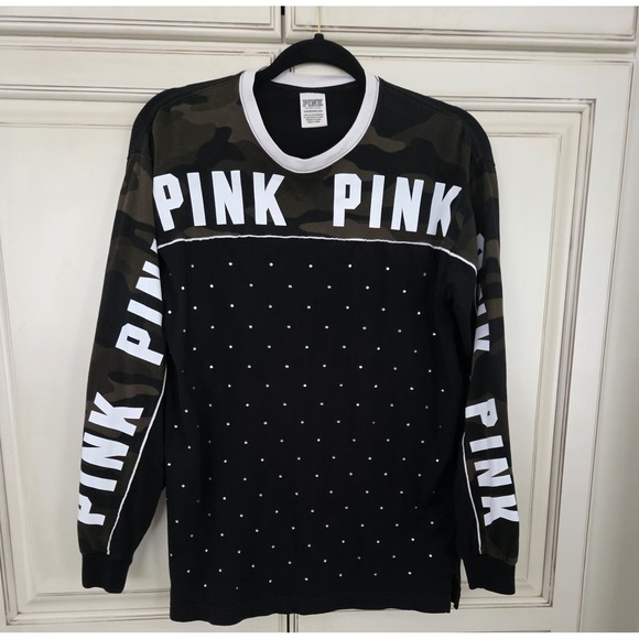 Victoria's Secret Tops - Victoria's Secret Pink Bling Camo Campus Faux Rhinestone Shirt Women's Xs Black